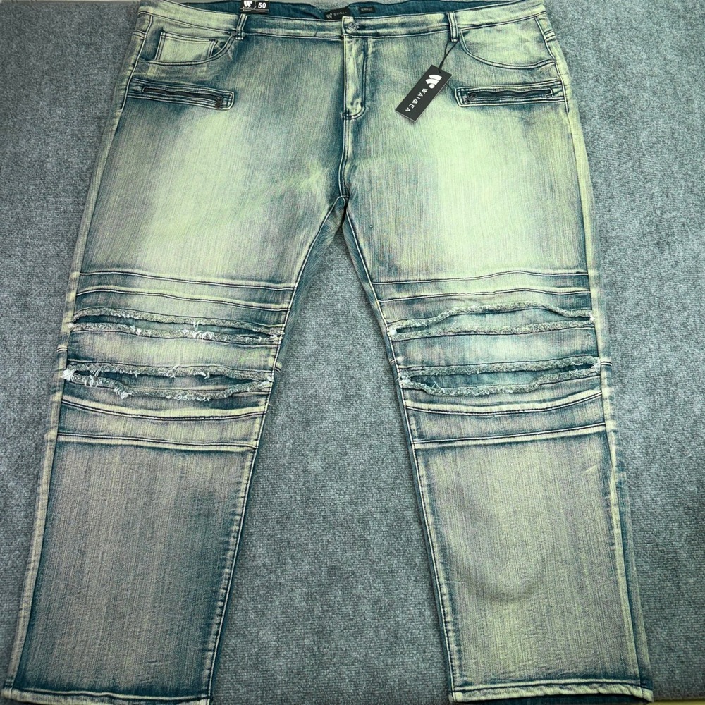 Waimea Jeans Mens 50 (Fits 60x32) Blue Antique Skinny Moto Stretch Denim
